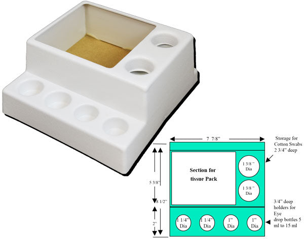 Drug Organizer for Fundus Camera, provides for a standard size square tissue box plus cotton swabs and four eye drop bottles